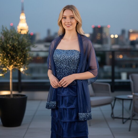 Jovani Navy Blue ombré sequin gown size 10 strapless with matching shawl - Picture 3 of 8